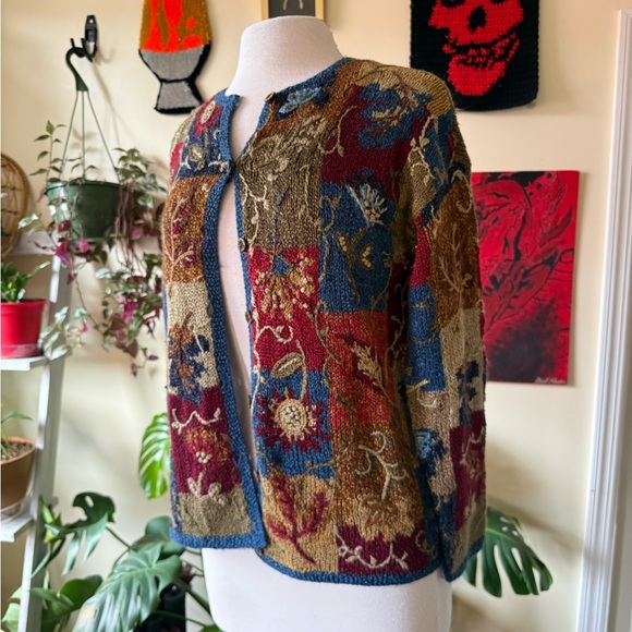 Vintage 90’s Silk Blend Multicolor Hand Knit Cardigan with Leaf Details - Picture 4 of 9